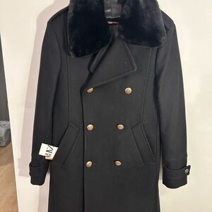 SOLD—Zara Men's Black Double-Breasted Pea Coat with Faux Fur Collar